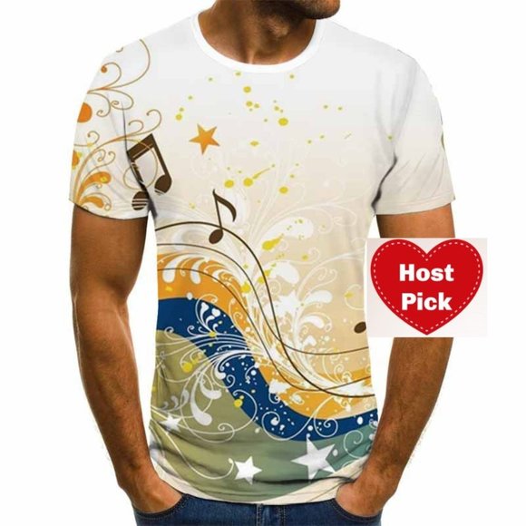Men's Graphic Print T-Shirt Musical Notes Design Crew Neck - Short Sleeve - Picture 1 of 3